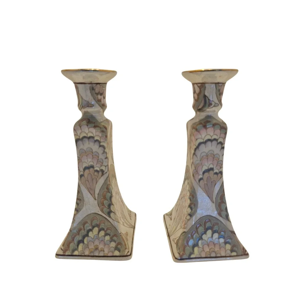 Vintage Macau Porcelain Candlestick Holders Set 2 Peacock Feather Pastel Gold